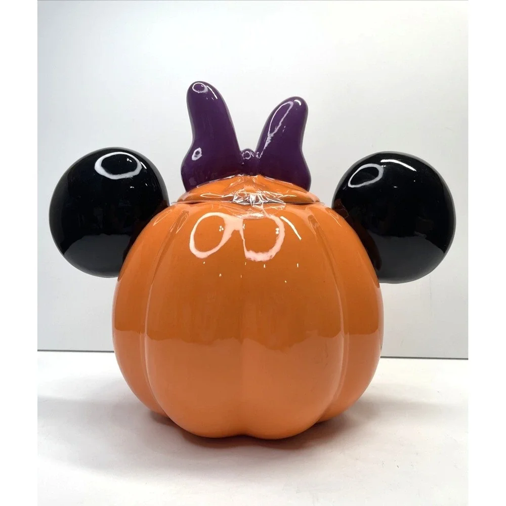 NEW Disney MINNIE Mouse Ceramic Pumpkin COOKIE JAR Orange Canister Halloween